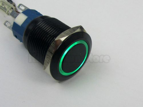 19mm 12V Black Metal Push Button Switch w/ Annular GREEN LED Indicator Latching