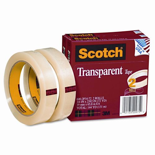 3M Transparent Tape 600-2P34-72, .75 X 2592, 3&#034; core, transparent, 2 Rls