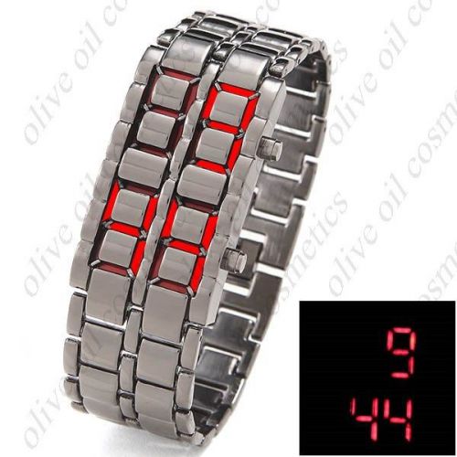 Stylish Unisex Staineless Steel Wristwatch Digit Watch Bracelet with LED Red