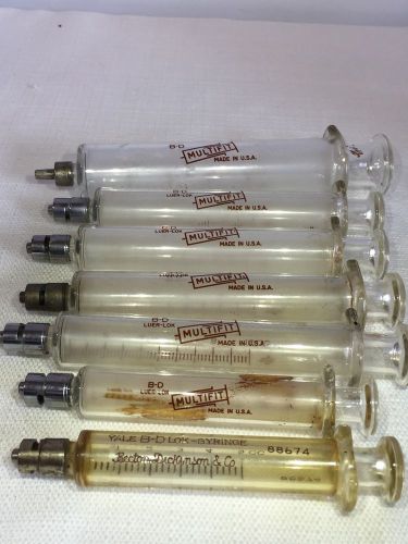 Lot Of 7 Vintage B-D Luer-Lok Multifit Glass Syringe&#039;s 20cc/10cc/5cc