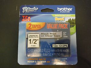 Genuine Brother P-Touch TZe-1312PK 1/2&#034; Black Print on Clear Tape - 2 pack