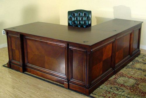 Dark Brown Cherry Executive L Desk with Left Side Return - Computer Ready