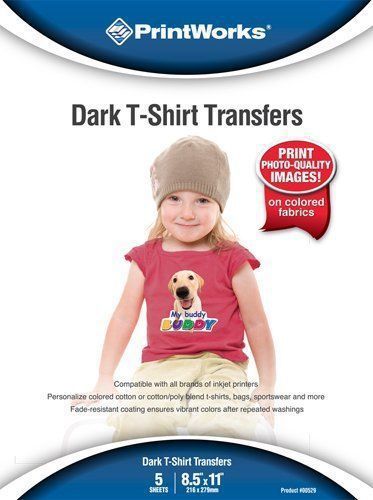 Printworks Dark T-Shirt Transfers, Inkjet, 8.5 x 11 Inch, 5 Sheets (00529) , New