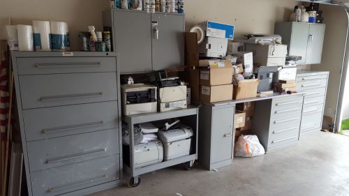 Equipto tooling cabinets plus work bench and 2 wall mount shelving units used for sale