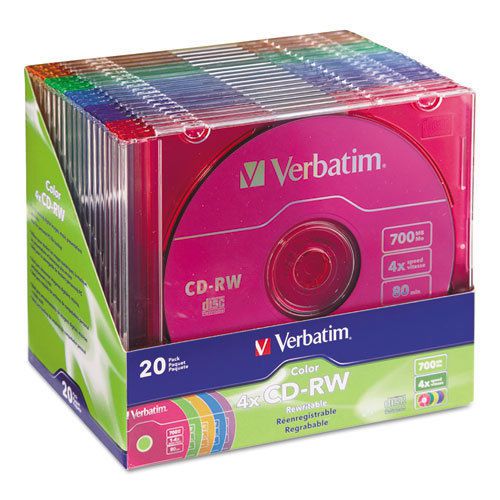 Verbatim CD-RW Discs, 700MB/80min, Assorted Colors, 20/Pack (VER94300)