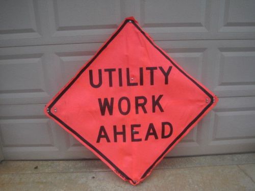 Utility work ahead 48&#034; x 48&#034; vinyl fluorescent roll up sign with usa sign frame for sale