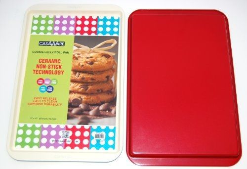 Casaware ceramic coated nonstick cookie/jelly roll pan 11&#034;x17&#034;, cream/red for sale