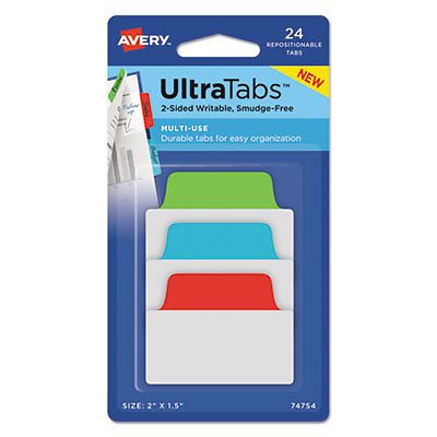Ultra Tabs Repositionable Tabs, 2 x 1 1/2, Primary: Blue, Green, Red, 48/Pack