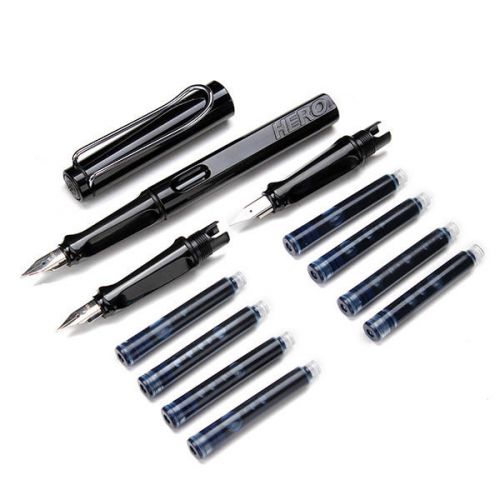 New Black Hero 359 Fountain Pen Set 3 Pen Nibs 8 Ink Cartridge Refills