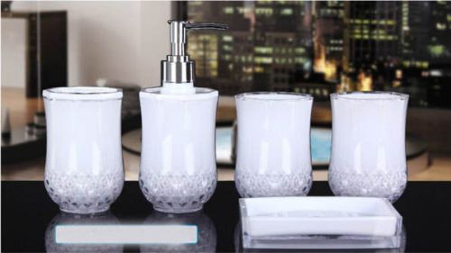 A34 New Acrylic White 5-in-1 2Tooth Mugs/Soap Dish/Sanitizers Bottle/Toothbruss