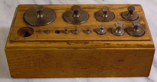 Vintage Henry Troemner Scale Weight Set 12 Pieces in Oak Wood Box