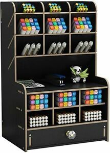 Wooden Pencil Holder, Stationary Organizer for Desk with 15 Compartments, Black