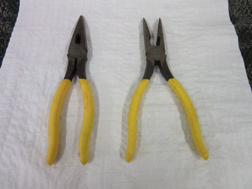 2 KLEIN TOOLS PLIERS D203-8N YELLOW 8&#034; ELECTRICAL LONG NEEDLE NOSE USED