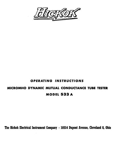 Hickok 533A Tube Tester Manual