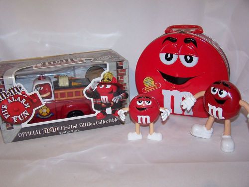 M&amp;M Fire Alarm Fire Truck with M&amp;M Red big lunch box and two M&amp;M Red figurines
