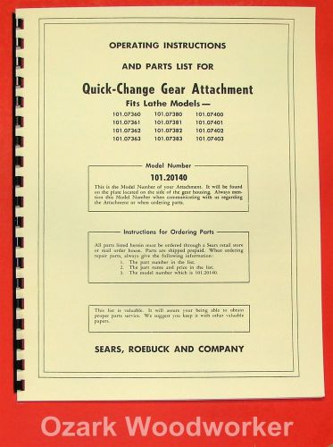 CRAFTSMAN/Atlas 101.20140 Quick-Change Gear Instruction &amp; Parts Manual 0188