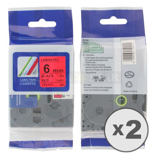 2pk black on red tape label compatible for brother p-touch tz tze 411 6mm 1/4&#034; for sale