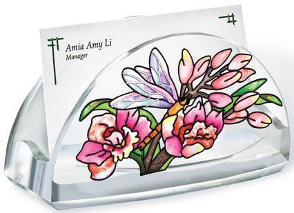 Amia ORCHID COLLAGE Painted Acrylic Business Card Holder 4 x 1.75 x 2.25