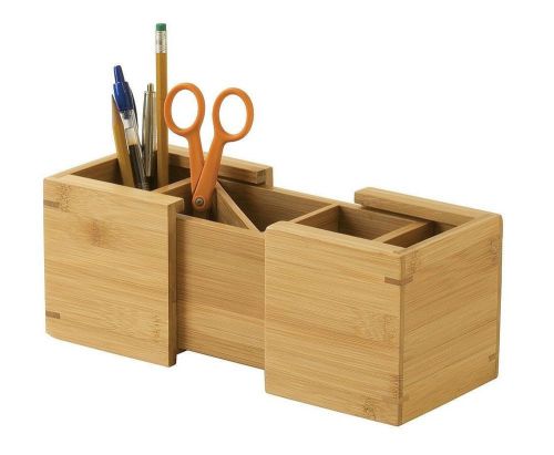 Bamboo Expandable Office Pencil Organizer  Holder Desk Supplies Storage Box