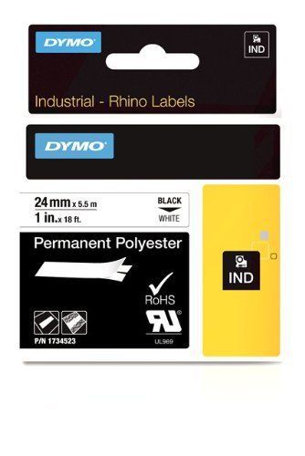 Dymo 1-inch permanent polyester label  black tape on white tape (1734523) for sale