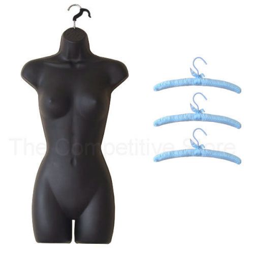 Bundle Black Female Body Form Mannequin S-M Sz + 3 Light Blue Satin Hangers