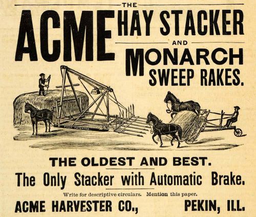 1893 Ad Acme Harvester Farming Hay Stacker Monarch Rake Agriculture AAG1