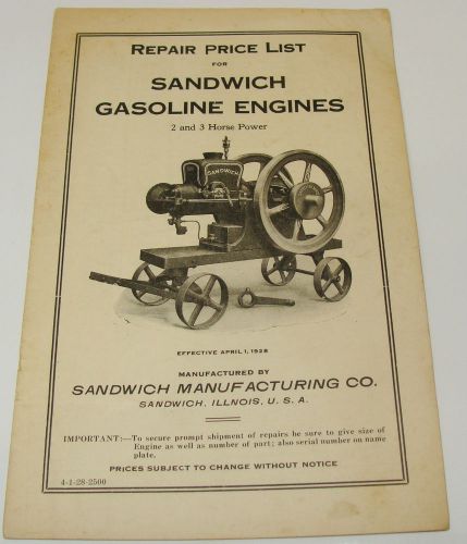 1928 SANDWICH HIT MISS GAS ENGINE REPAIR PRICE LIST BROCHURE MANUAL