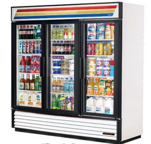 True gdm-72f-ld reach in glass3 door merchandising freezer bottom mount 115v for sale