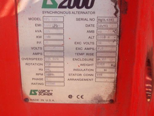 200 KW, Leroy Somers Alternator, MTG: 816, 1200 rpm, 60 Hz, 480 VAC, 0.8 PH