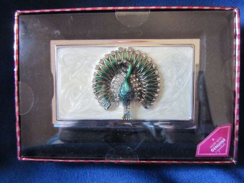PEACOCK BUSINESS CARD HOLDER...PEARL TOP...GENUINE CRYSTALS...NEW IN BOX!!