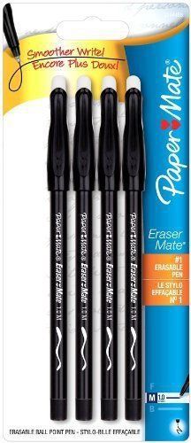 Paper Mate Erasermate Stick Medium Tip Ballpoint Pens, 4 Black Ink Pens (3164