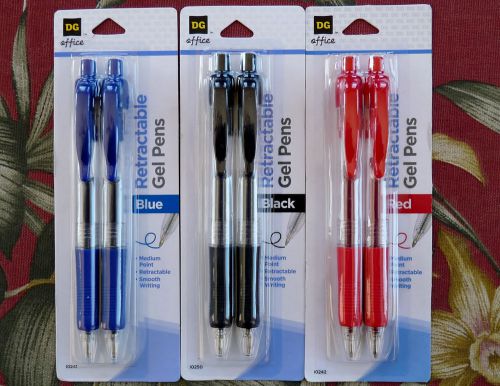 6 ct Retractable Gel Pens 2 black, 2 red, 2 blue medium point, smooth writing DG