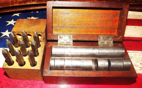 Vintage Cylinder Gage Set &amp; Steel Punch Stamp Die Set of Numbers 1/16&#034; Wood Case