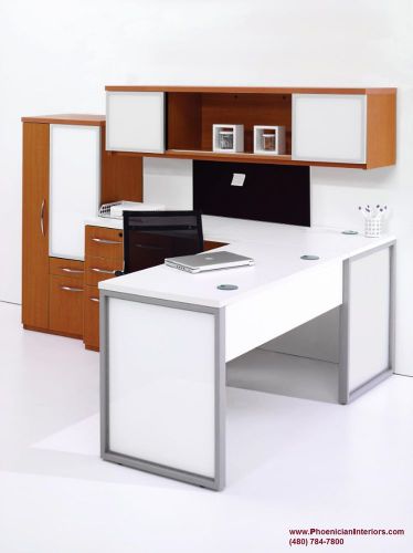 4 PIECE SET White Glass L Shaped Desk STORAGE CABINETS Mobile Drawer Workstation