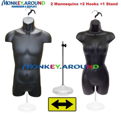 2 Display Form Mannequin Male &amp; Female Black Dress Body 2 Hangers +1 Decor Stand