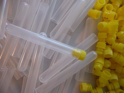 1,000 Count 13 x 100mm Plastic Test Tubes Frosted/Clear With Yellow Caps, New
