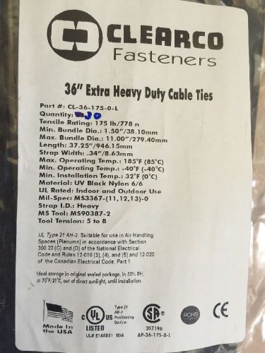 Extra Heavy Duty Cable Ties 30 Coount 36 inch/175Lbs/UV Black Clearco Fasteners