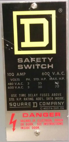 Square D 3 Phase USED Safety Switch H363 Industrial Surplus 100 Amps 600 VAC