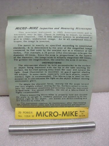 Vintage Metalworking Tool Micro-Mike 20X No. 1354 Magnifier Pocket Pen