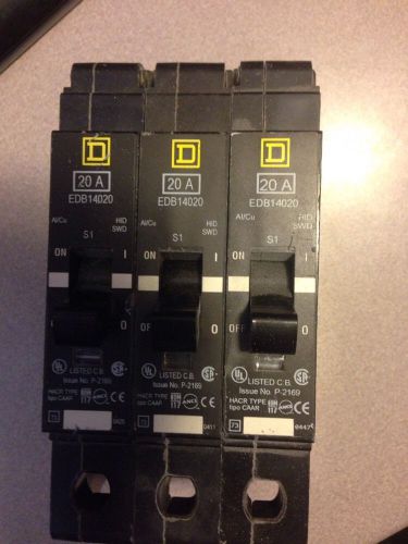Lot of 3 square d edb14020 circuit breakers 20a 1-pole for sale