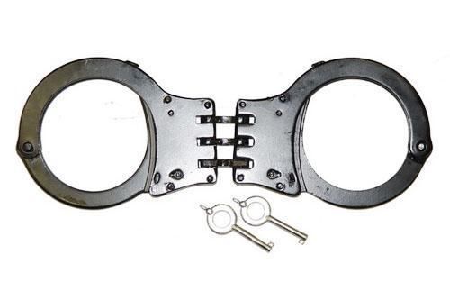 auction HEAVY BLACK HINGED POLICE SECURITY HANDCUFFS &amp; KEYS double lock #KN425