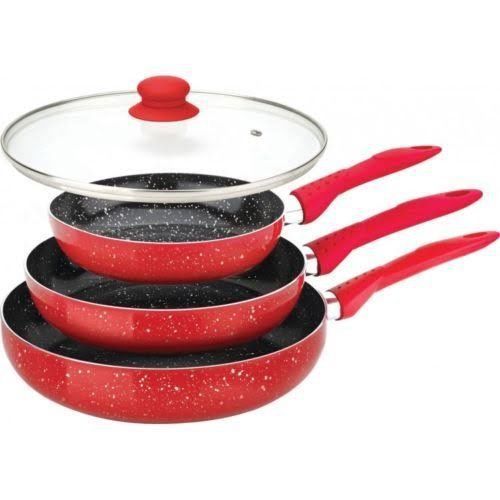 3pc marble coated frying pan stone glass lid cookware set aluminum non stick new for sale