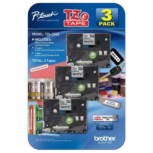 Genuine brother p-touch 3 pack tze-2322 black print white tape label cartridges for sale