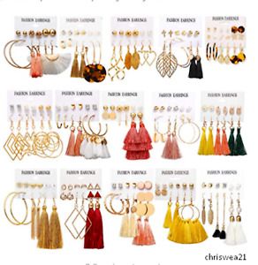 93 Pairs Colorful Earrings with Tassel Layered Ball Dangle Hoop Stud Jacket Wome
