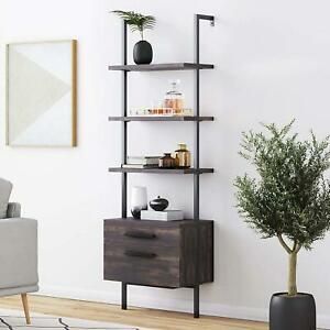 3-Tier Wall Mounted Bookcase Wood Storage Rack w/ Metal Frame Plant Flower Stand