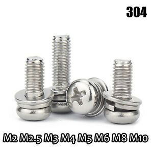 M2 M3 M4-M10 A2 Stainless Steel Phillips Pan Head Screws Bolt Washers Assortment