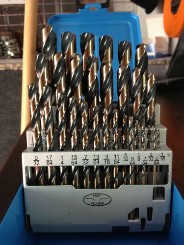 29 piece Titanium and Cobalt split point jobber length with steel case by 64ths.