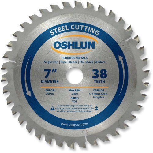 Oshlun SBF-070038 7-in 38 Tooth TCG Saw Blade W/ 20mm Arbor for Mild Steel and
