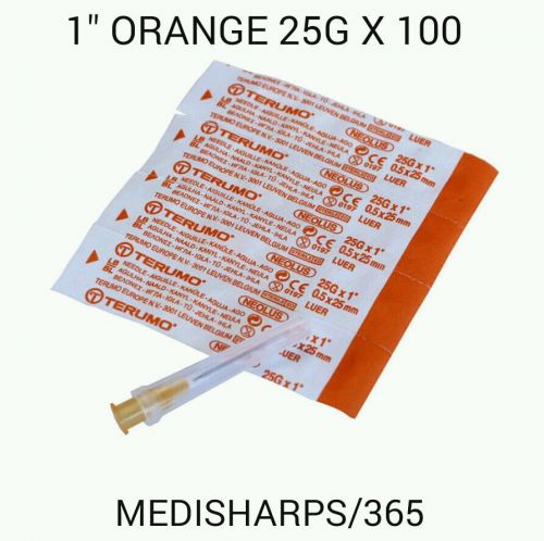100 x terumo sterile hypodermic syringe needles  (orange 25g  1&#034;inch) for sale