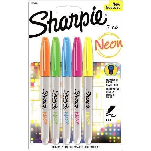 Sharpie Neon Fine Point Permanent Markers, 5 Colored Ink Markers New